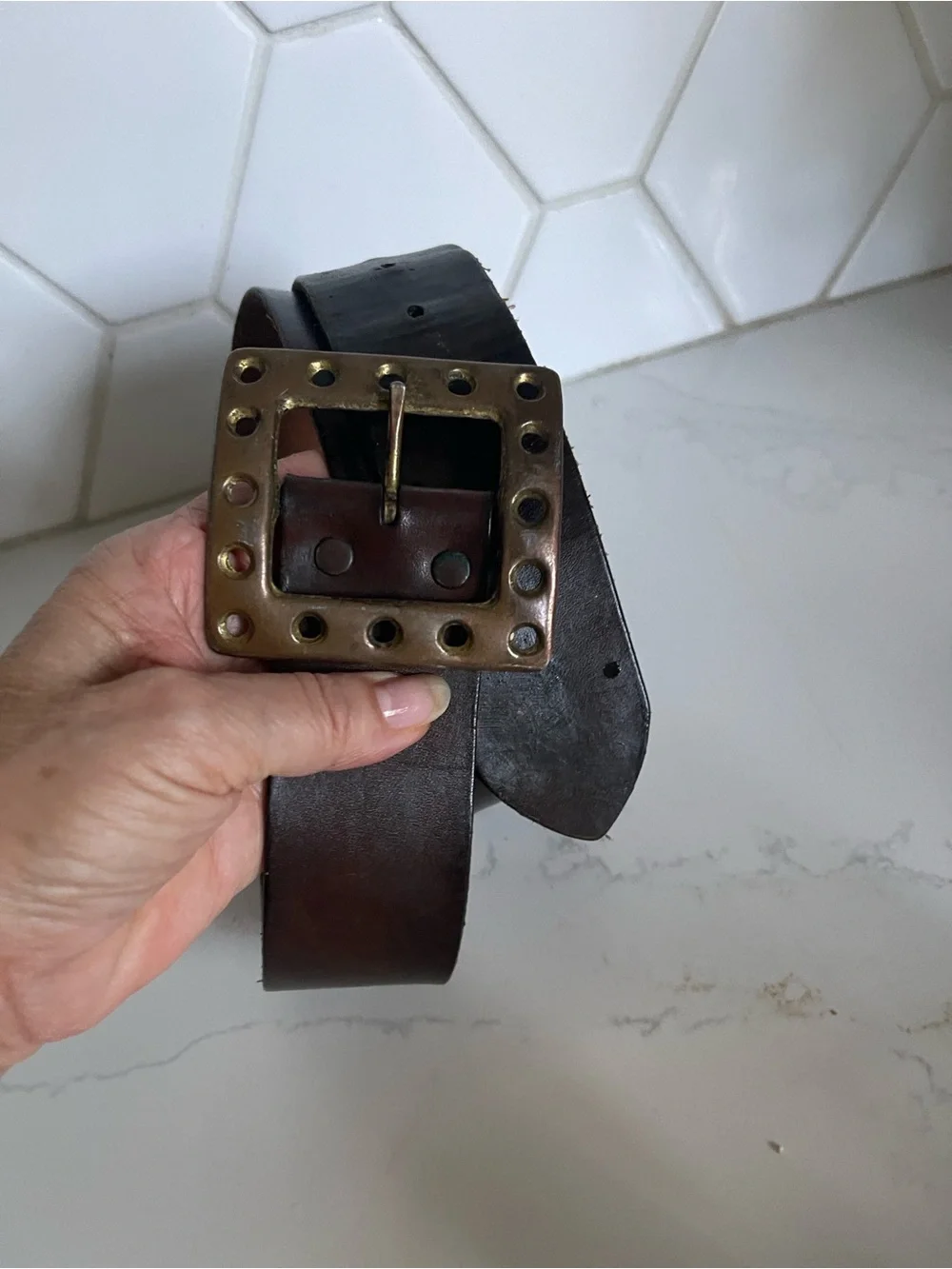 Women's Dark Brown Leather Belt with Brass Studded Buckle